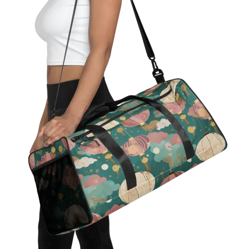 Moonlit Lantern Garden Duffle Bag on model