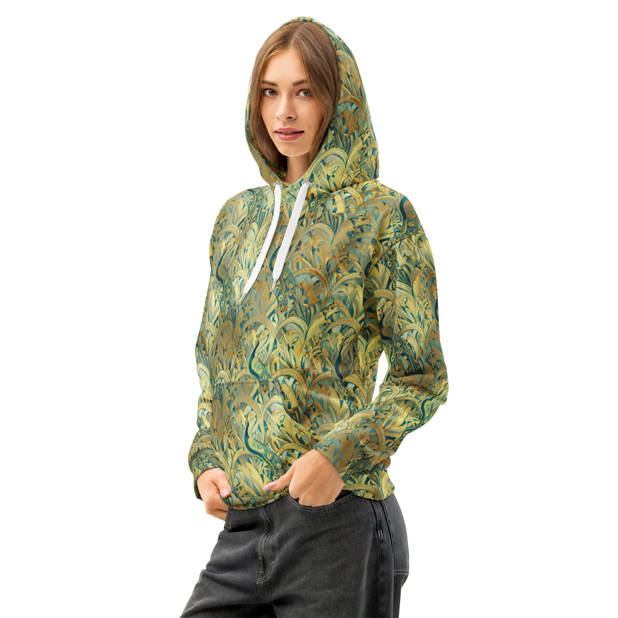 Peacock Verdure on Cotton Hoodie — Left Front
