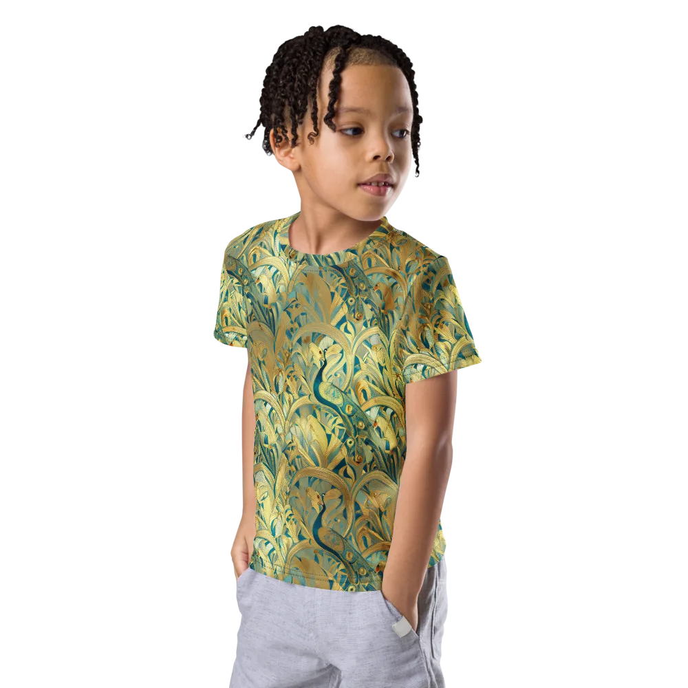 Peacock Verdure on Kids Crew Neck T-Shirt — Left Front