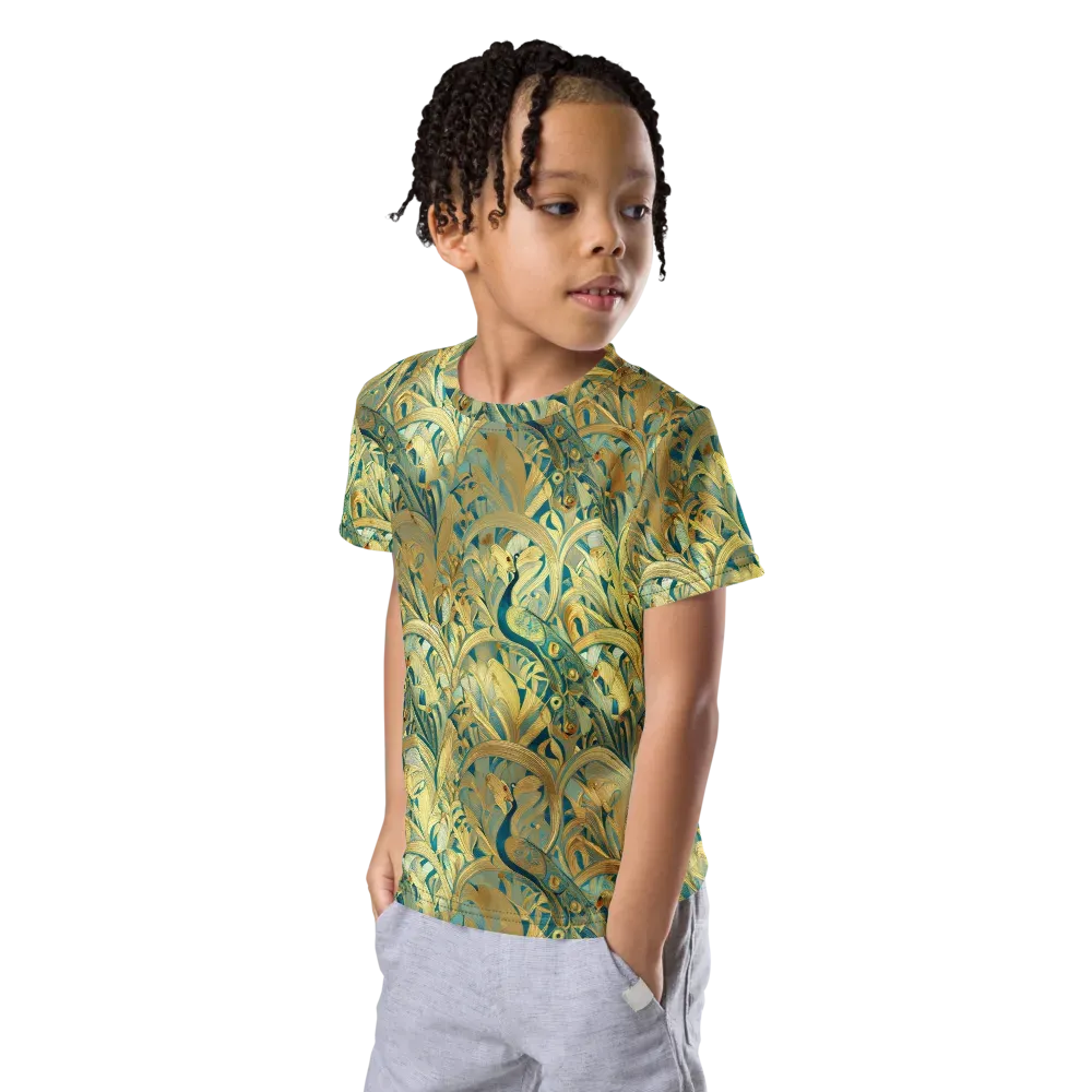 Peacock Verdure on Kids Crew Neck T-Shirt — Left Front
