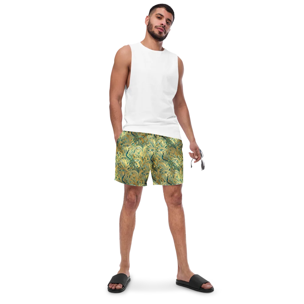 Peacock Verdure on Swim Trunks — Front