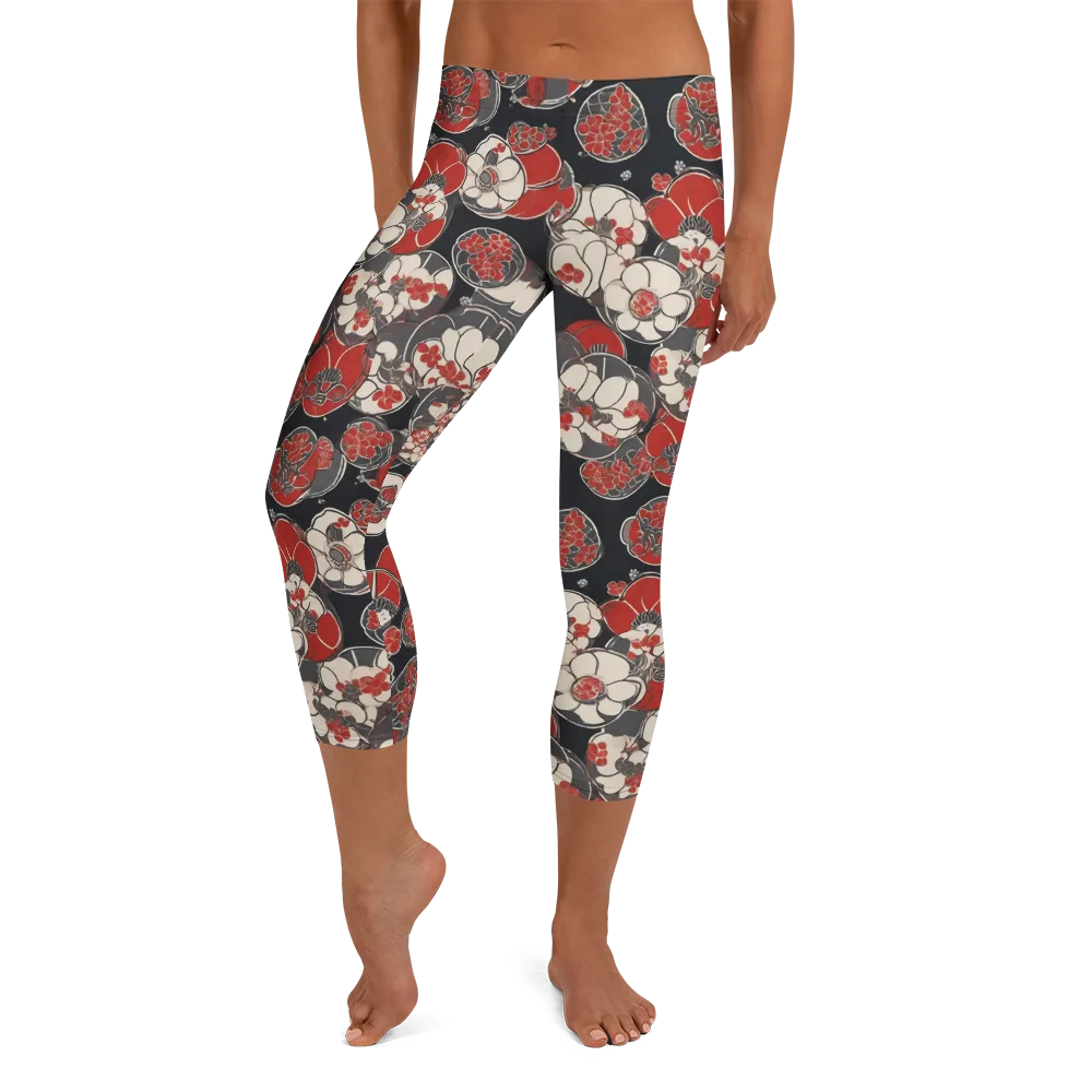 Crimson Camellia on Capri Leggings — Front