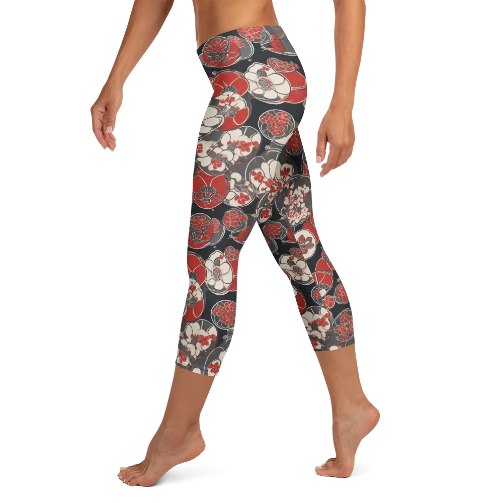 Crimson Camellia on Capri Leggings — Left