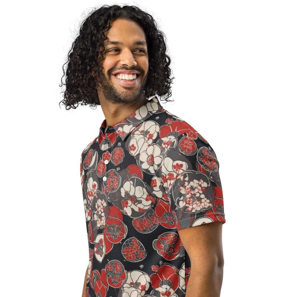 Crimson Camellia on Men's Slim Fit Polo Shirt — Left Front