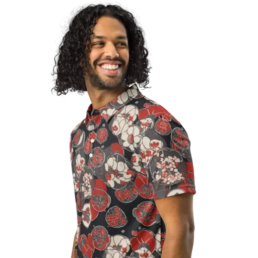 Crimson Camellia on a Men's Slim Fit Polo Shirt