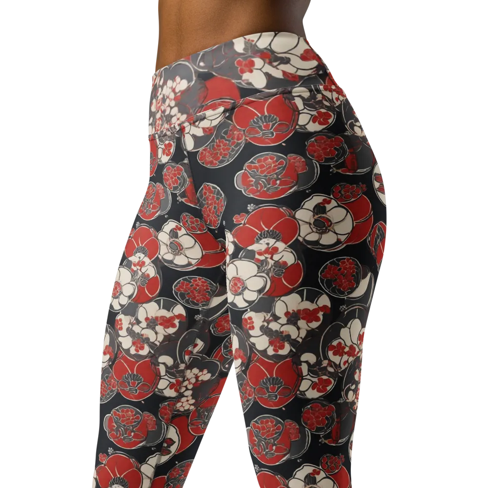 Crimson Camellia on Yoga Leggings — Left Front