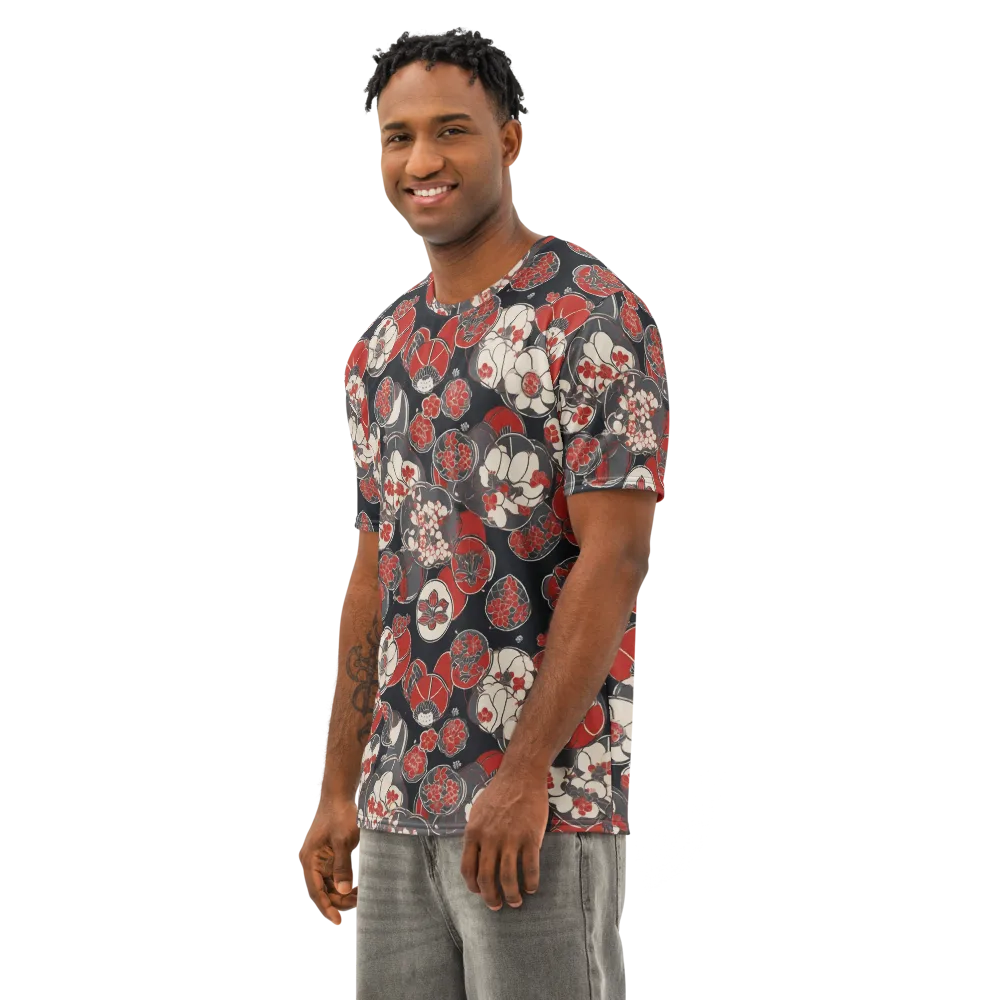 Crimson Camellia on Men's Cotton Crew Neck T-Shirt — Left Front