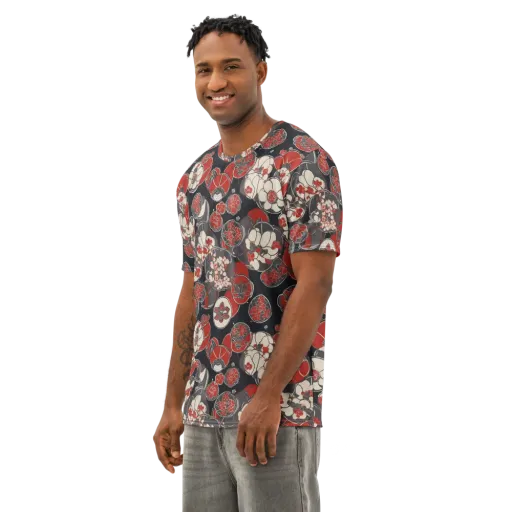 Crimson Camellia on a Men's Cotton Crew Neck T-Shirt