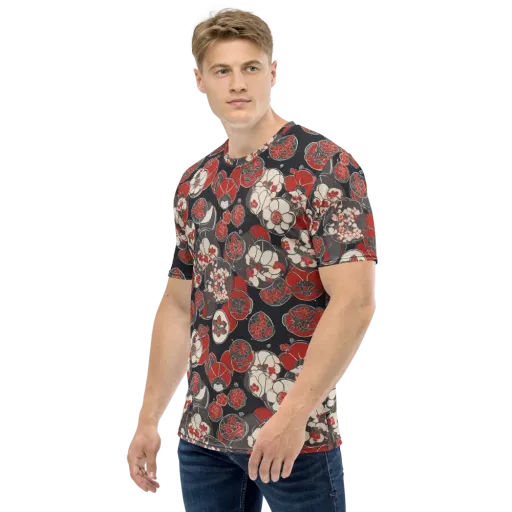 Crimson Camellia on a Men's Crew Neck T-Shirt