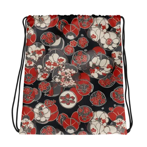 Crimson Camellia on a Drawstring Bag