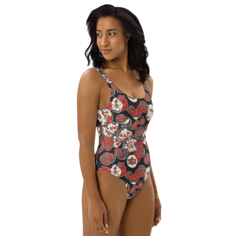 Crimson Camellia on One-Piece Swimsuit — Right