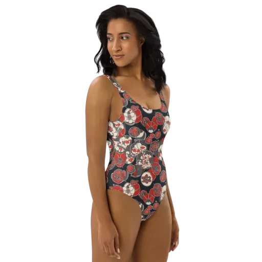 Crimson Camellia on a One-Piece Swimsuit