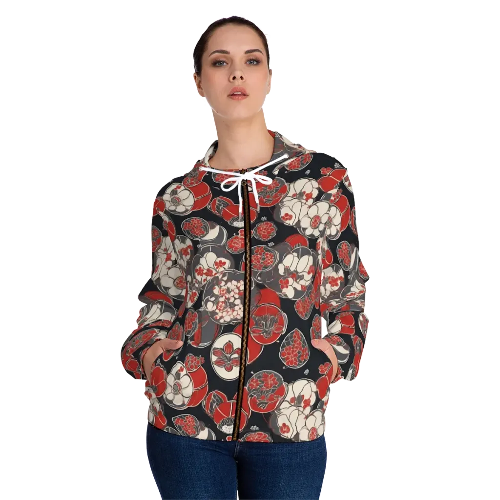 Crimson Camellia on Women's Full-Zip Hoodie — Front On Person