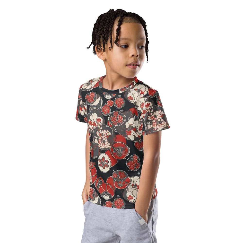 Crimson Camellia on Kids Crew Neck T-Shirt — Left Front