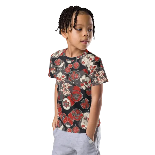 Crimson Camellia on a Kids Crew Neck T-Shirt