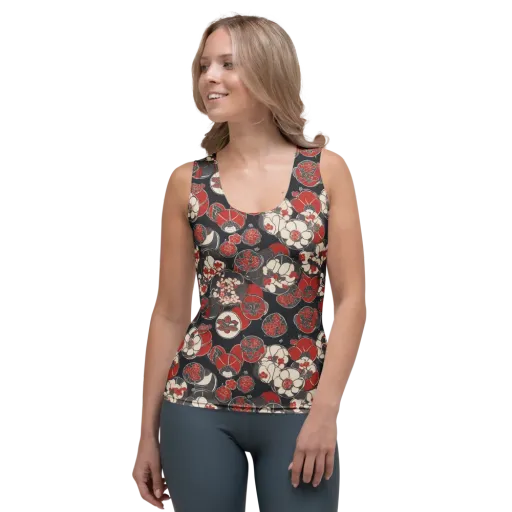 Crimson Camellia on a Women's Tank Top