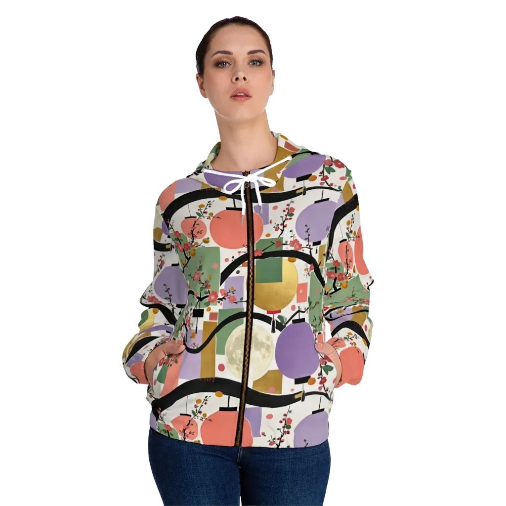 Lantern Blossom Arcade on Women's Full-Zip Hoodie — Front On Person