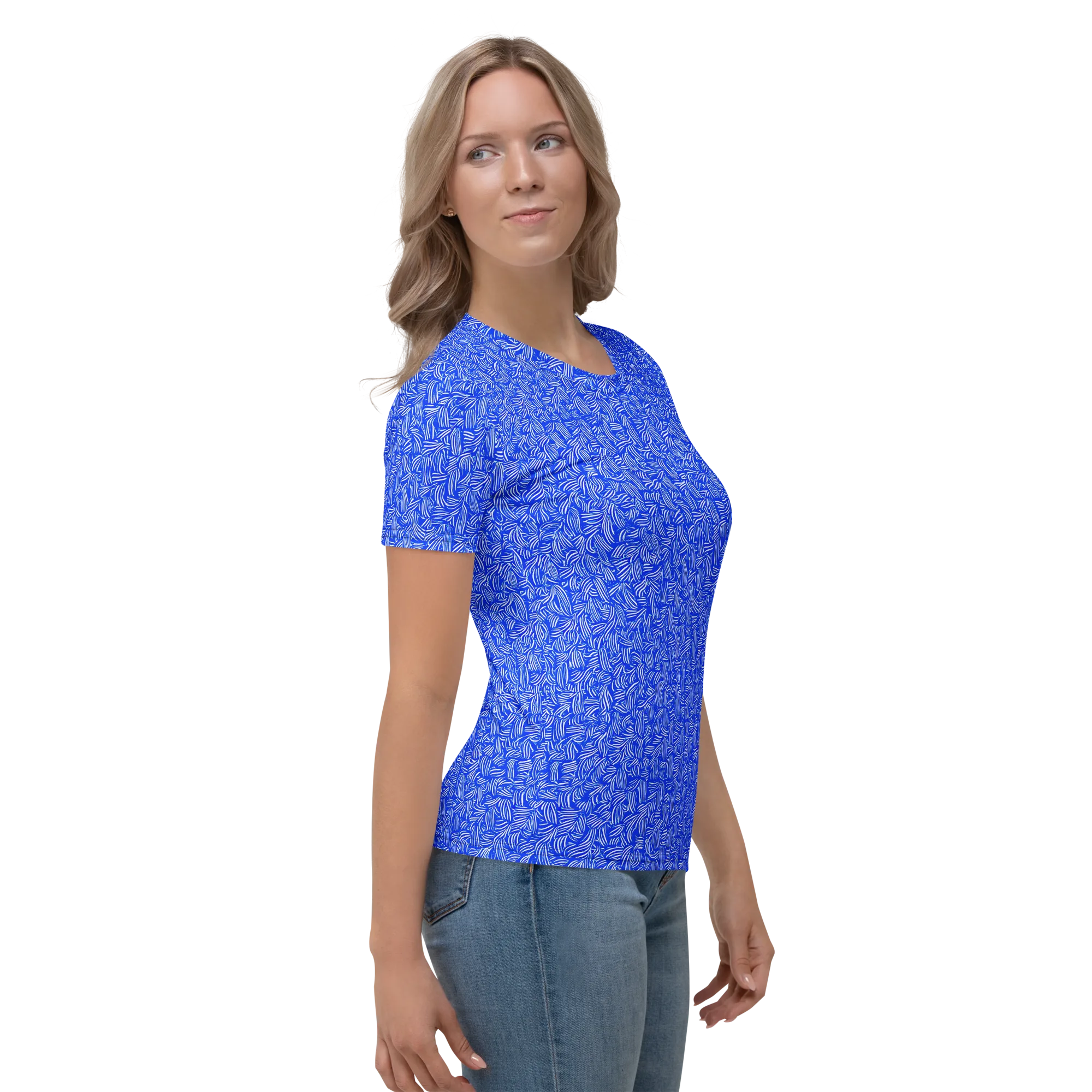 Cobalt Whirl on Women's Crew Neck T-Shirt — Right