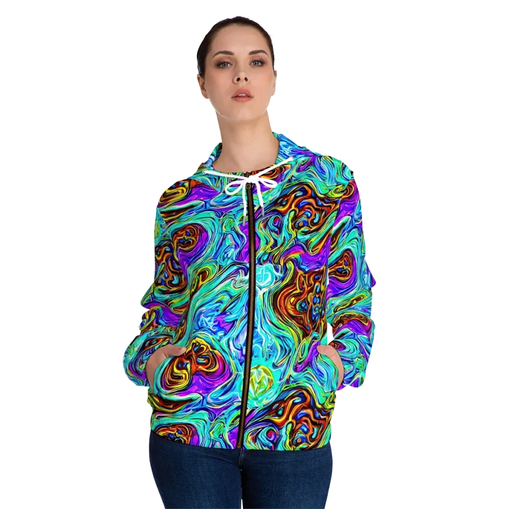 Mystic Iridescence on Women's Full-Zip Hoodie — Front On Person