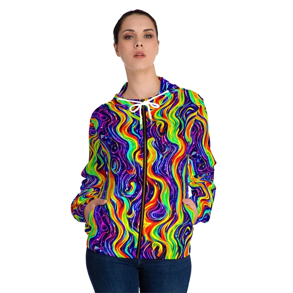 Galactic Flames on Women's Full-Zip Hoodie — Front On Person