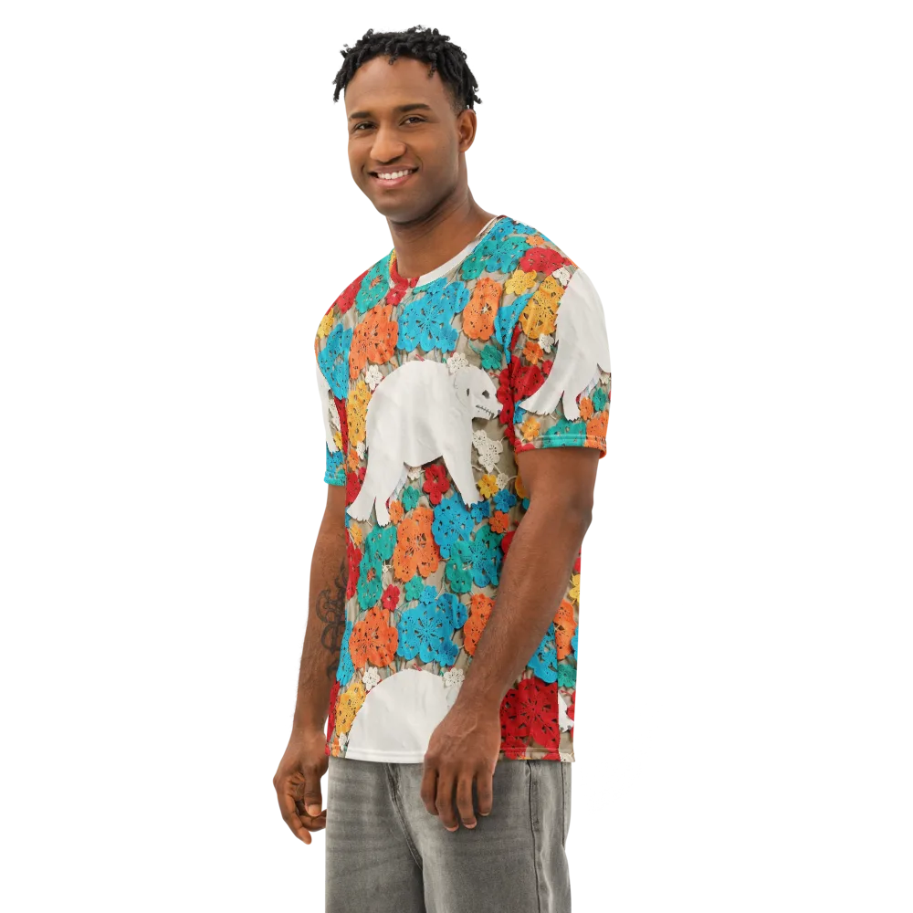 Crochet Polar Bear on Men's Cotton Crew Neck T-Shirt — Left Front