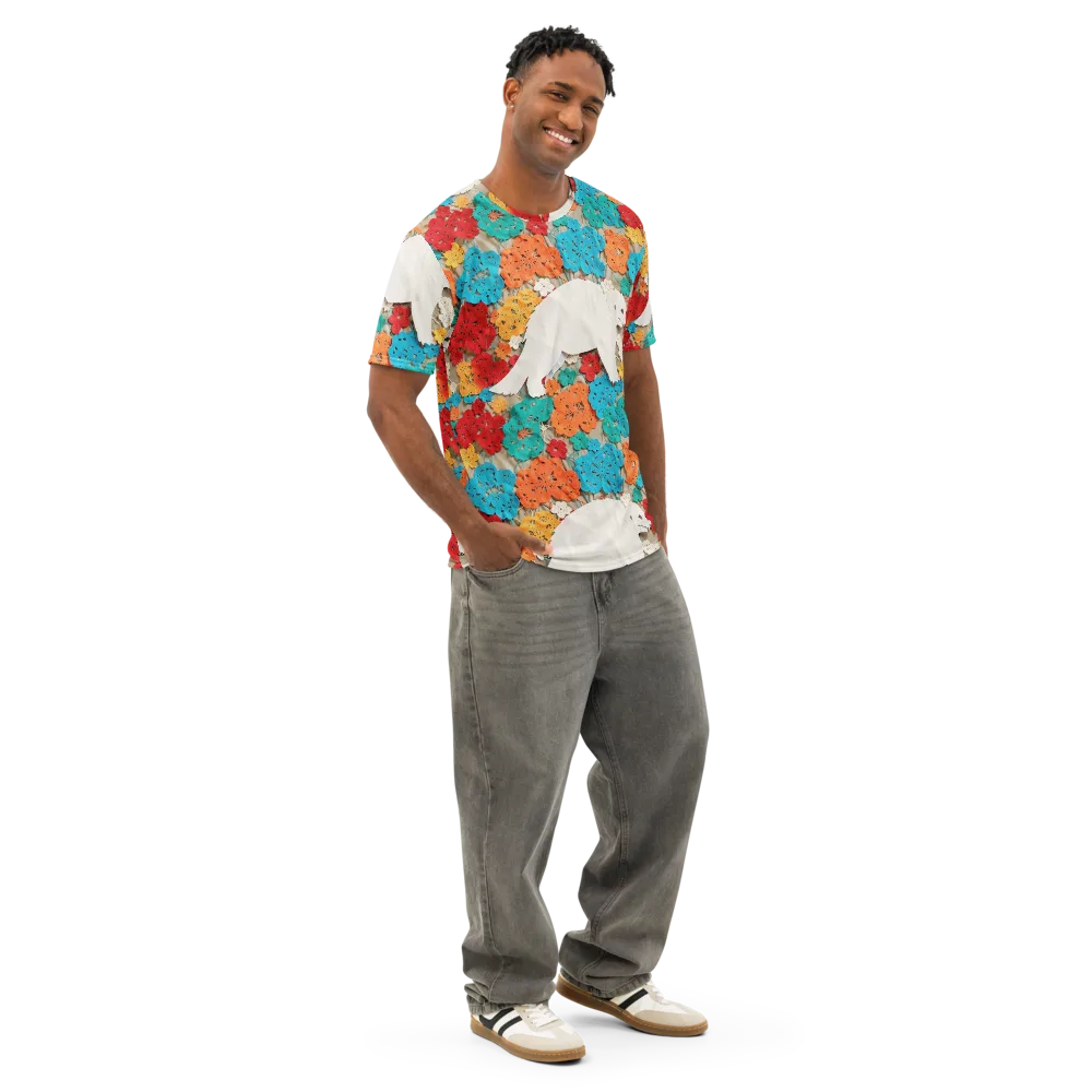 Crochet Polar Bear on Men's Cotton Crew Neck T-Shirt — Right Front