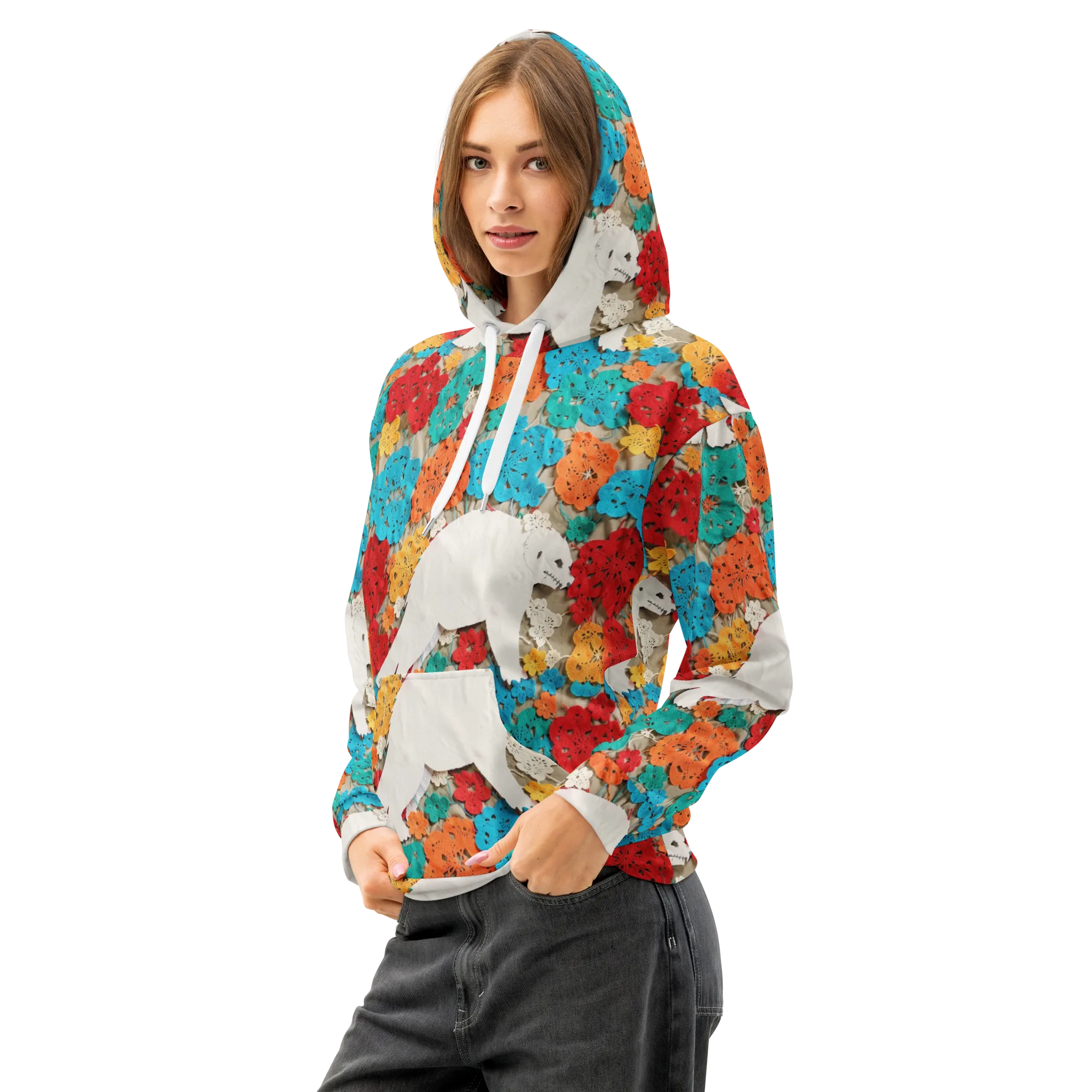 Crochet Polar Bear on Cotton Hoodie — Left Front