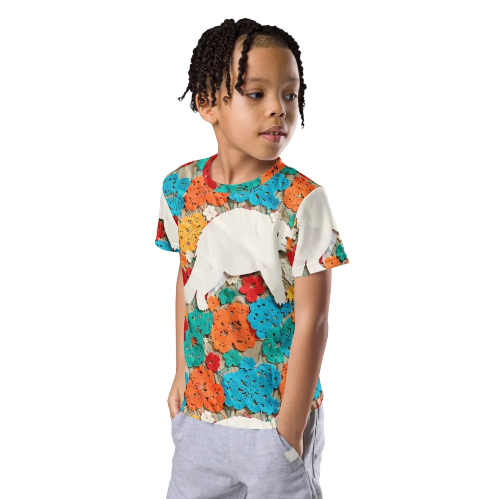 Crochet Polar Bear on Kids Crew Neck T-Shirt — Left Front