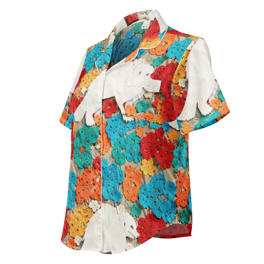 Crochet Polar Bear on Women's Short Sleeve Pajama Top — Left Front