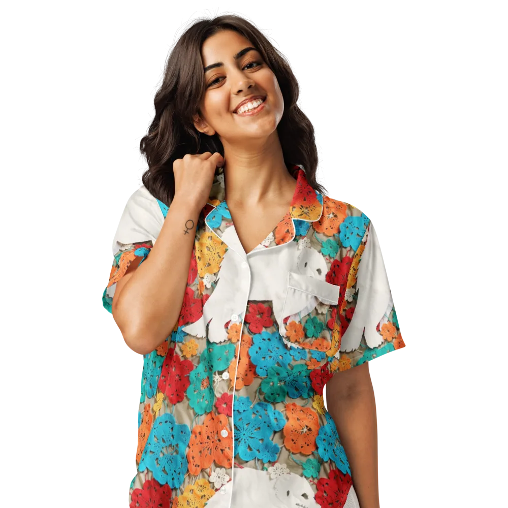 Crochet Polar Bear on Women's Short Sleeve Pajama Top — Front