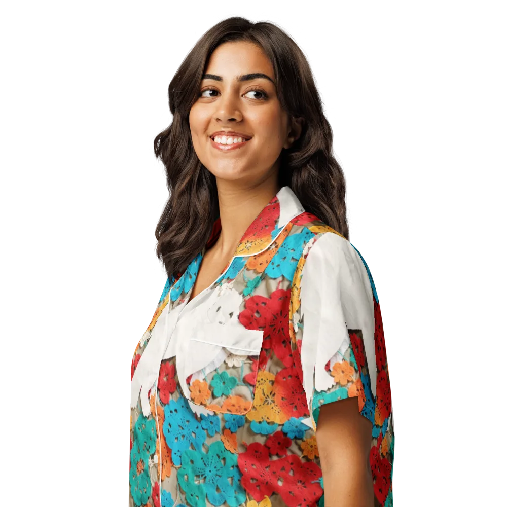 Crochet Polar Bear on Women's Short Sleeve Pajama Top — Left Front