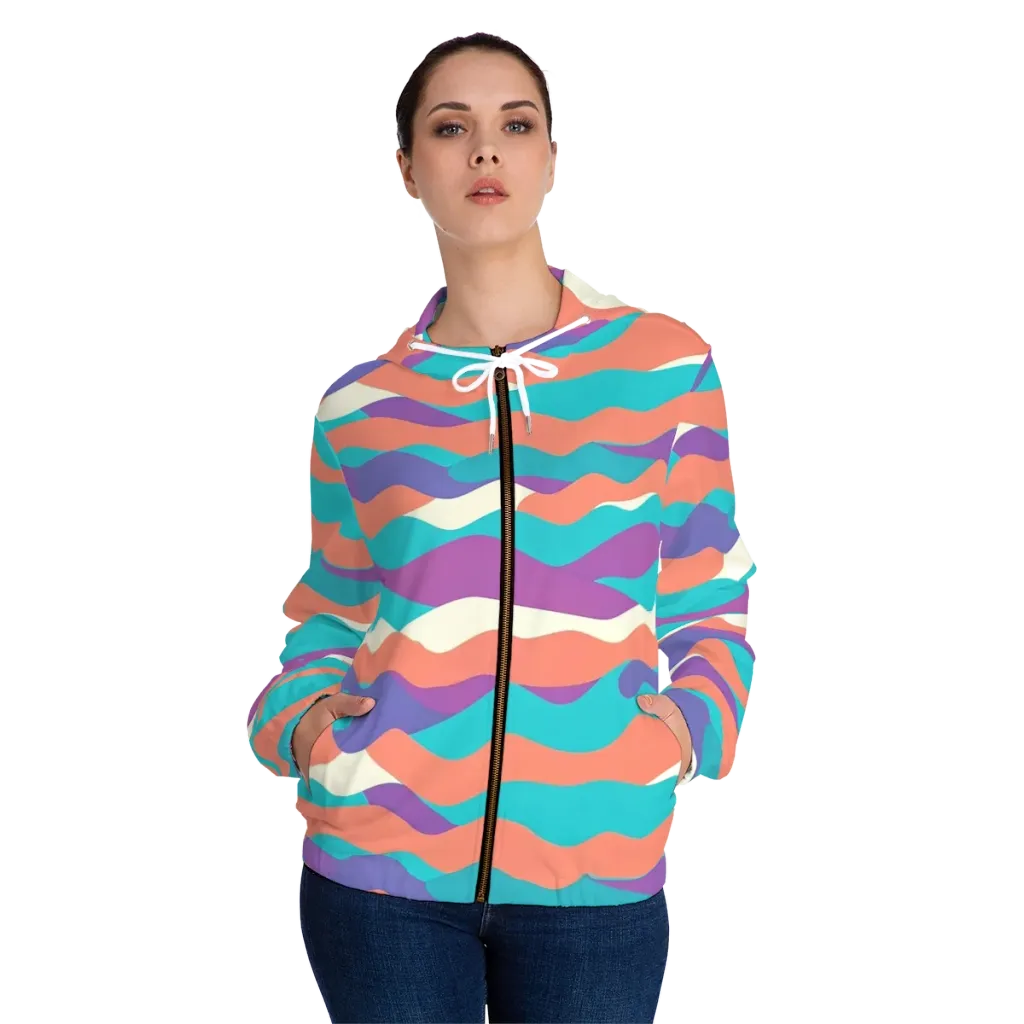 Waveform Sunset on Women's Full-Zip Hoodie — Front On Person