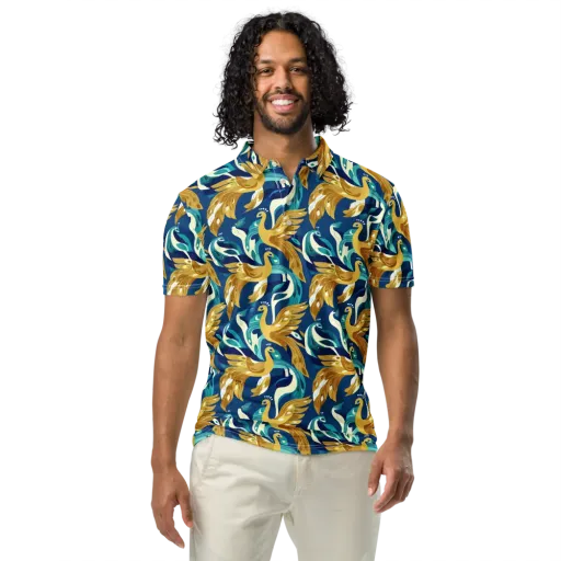 Gilded Peacock Tide on a Men's Slim Fit Polo Shirt