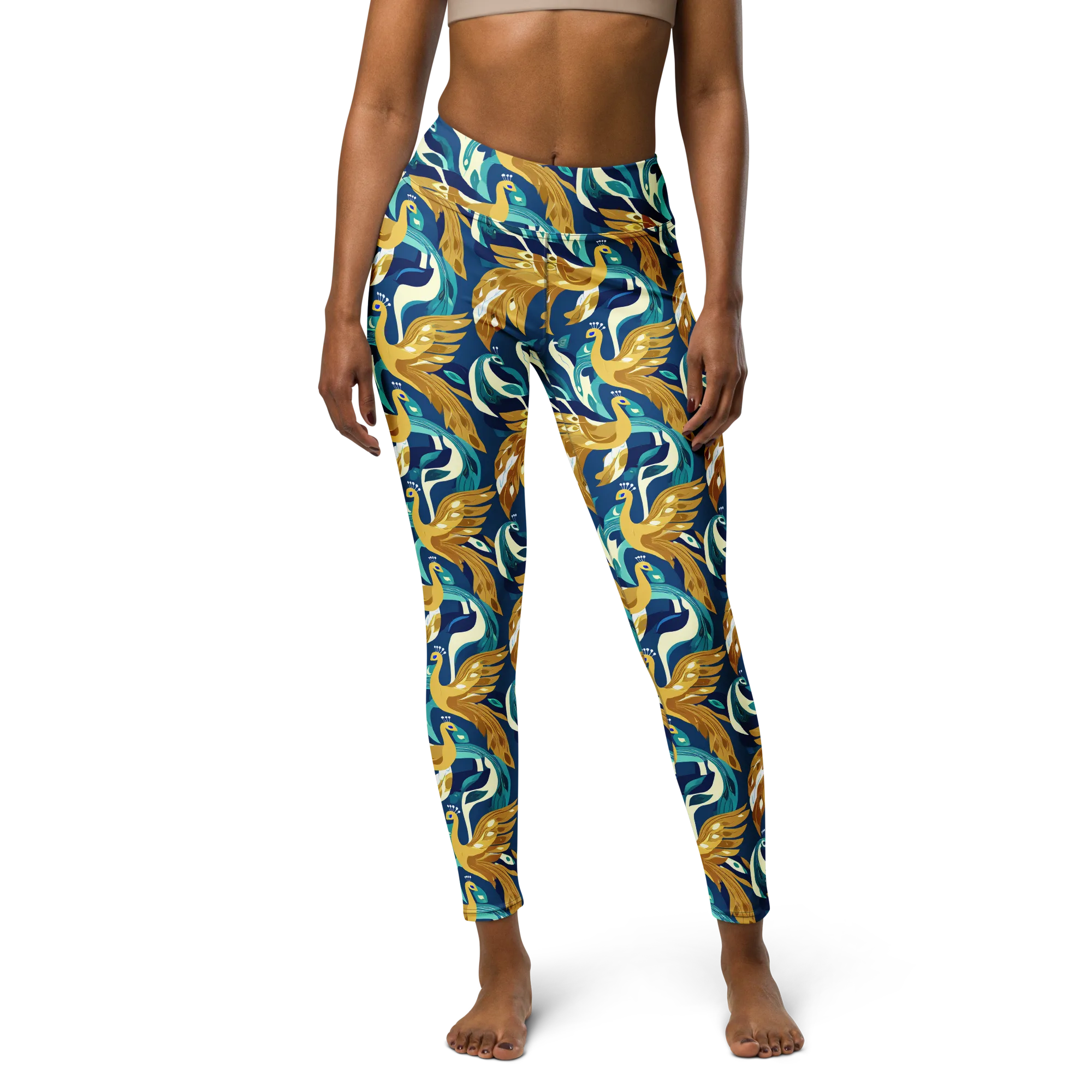 Gilded Peacock Tide on Yoga Leggings — Front