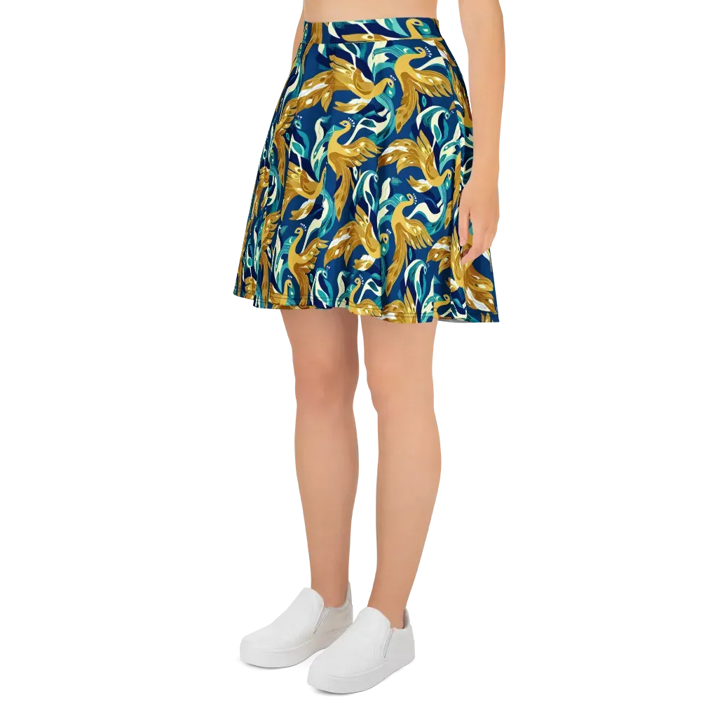 Gilded Peacock Tide on Skater Skirt — Left