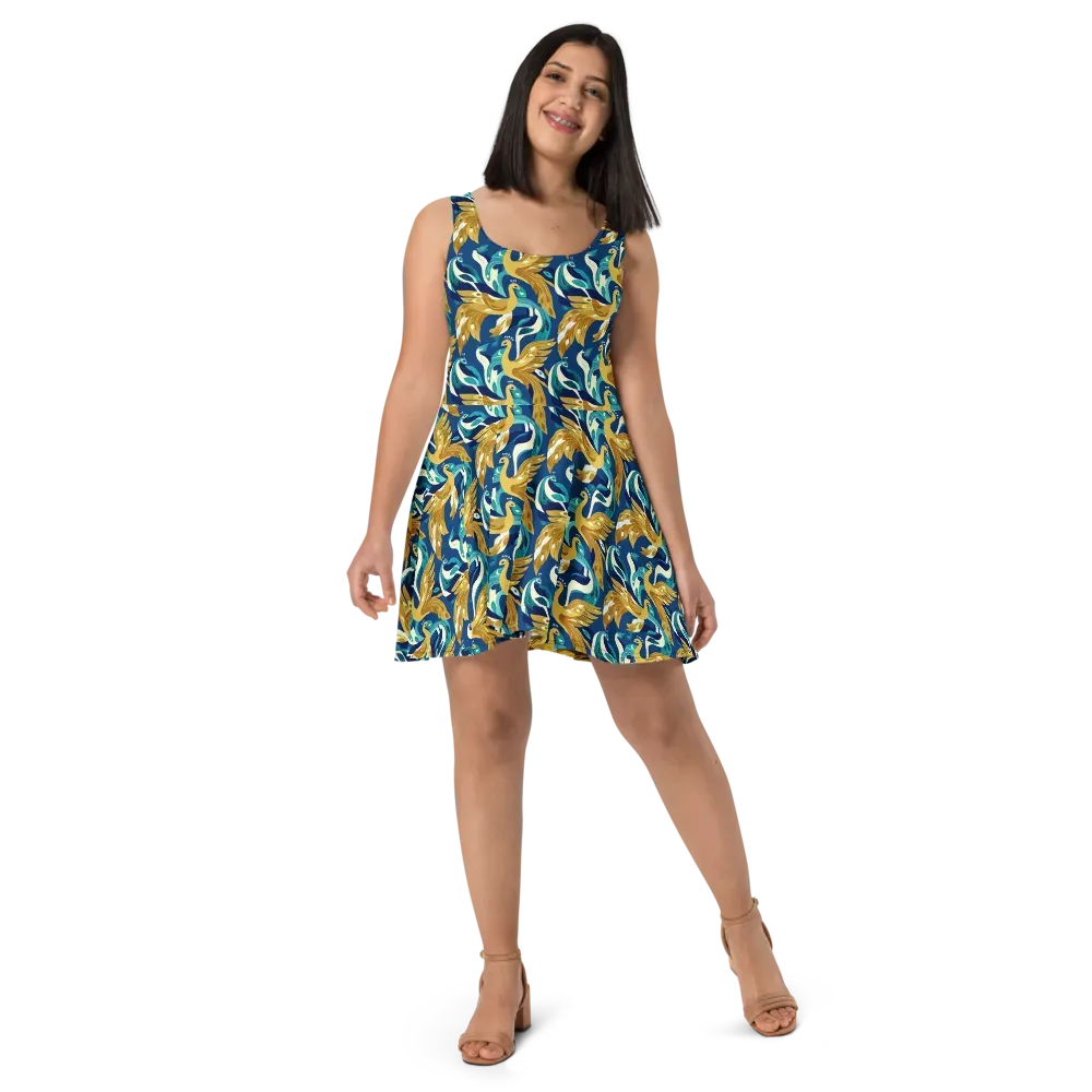 Gilded Peacock Tide on Skater Dress — Front
