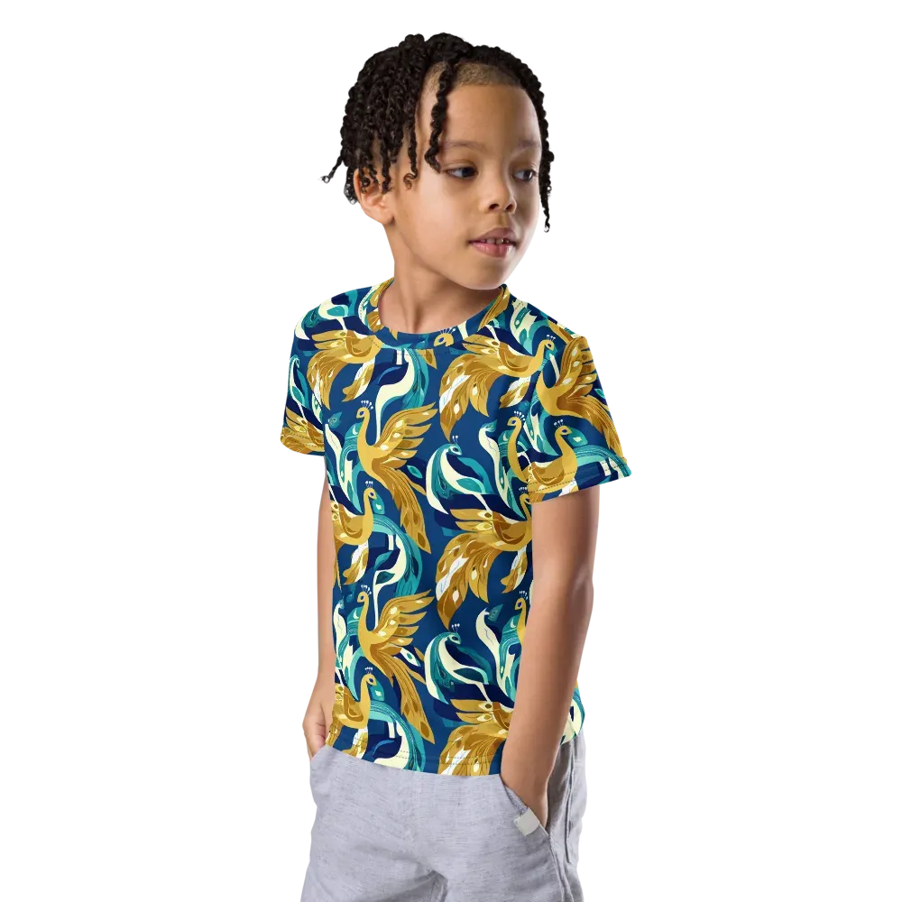 Gilded Peacock Tide on Kids Crew Neck T-Shirt — Left Front