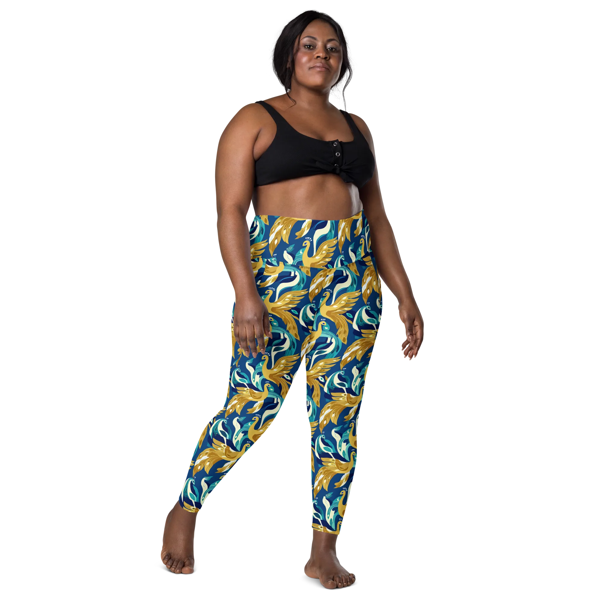 Gilded Peacock Tide on Leggings with Pockets — Front