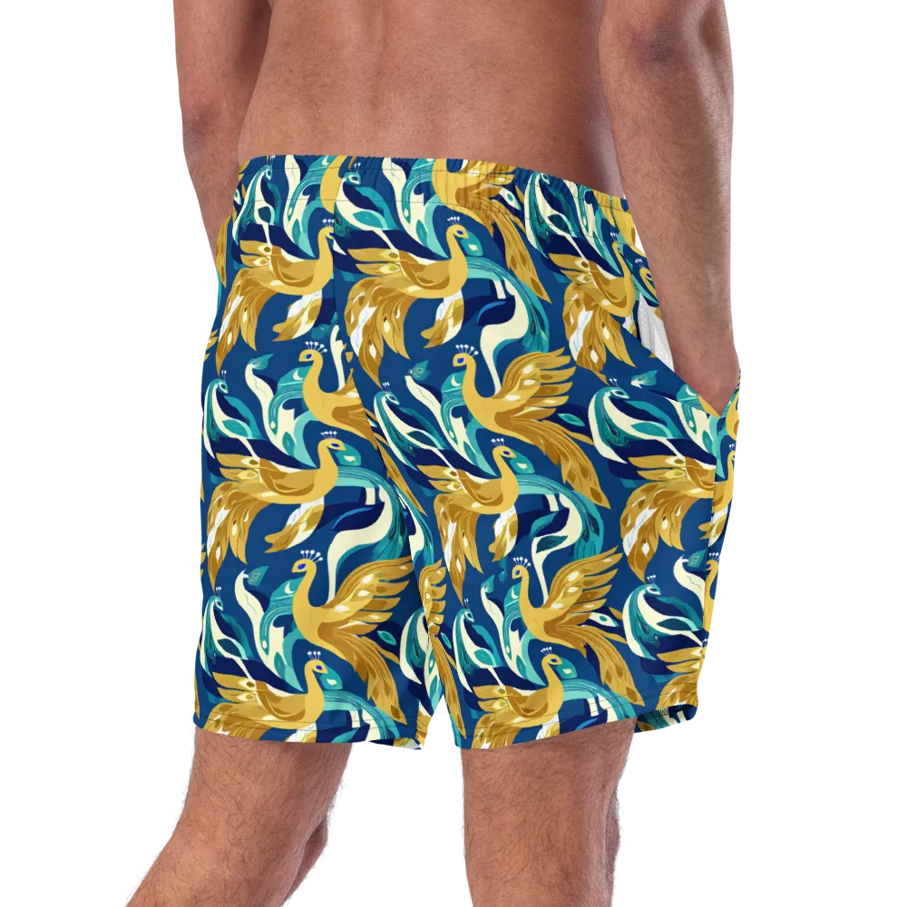 Gilded Peacock Tide on Swim Trunks — Right Back