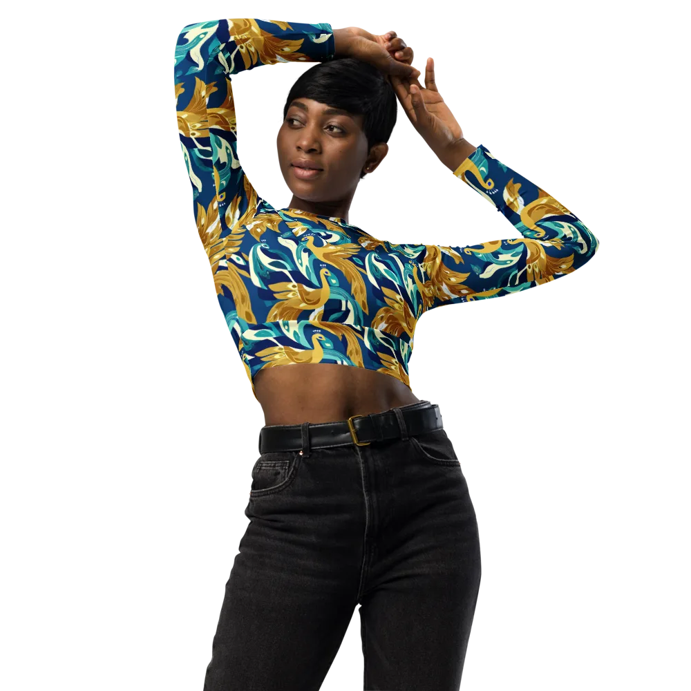 Gilded Peacock Tide on Long Sleeve Crop Top — Front