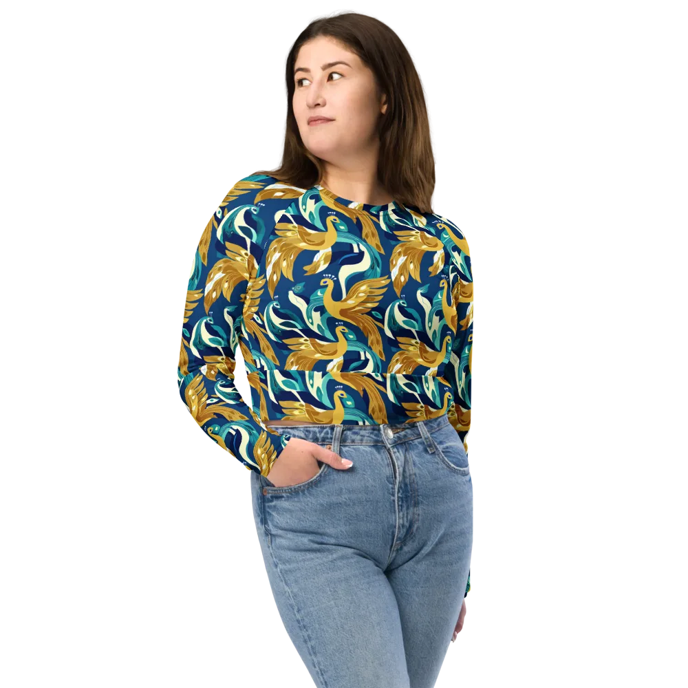 Gilded Peacock Tide on Long Sleeve Crop Top — Front