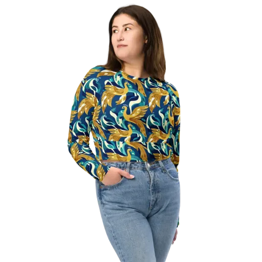 Gilded Peacock Tide on a Long Sleeve Crop Top