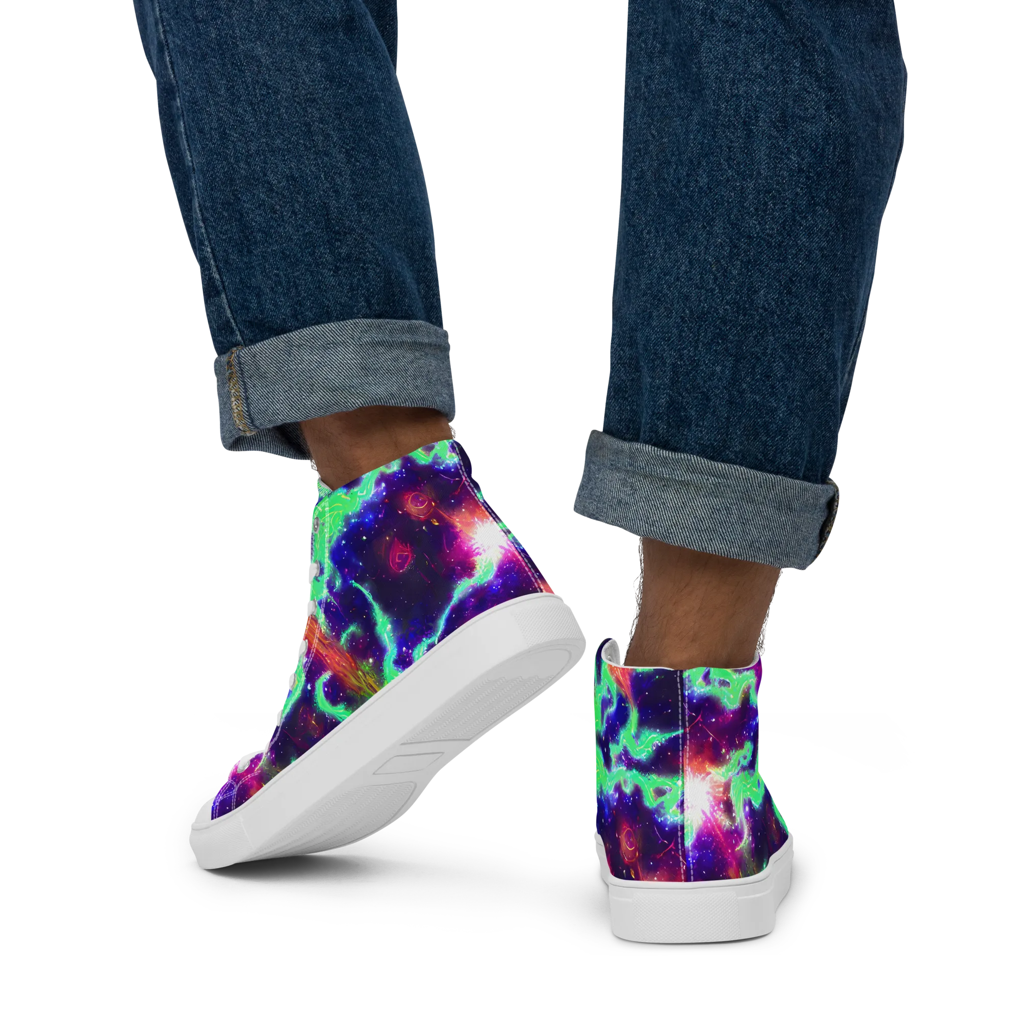 Neon Dragonfield on Men's High Top Canvas Shoes — Back