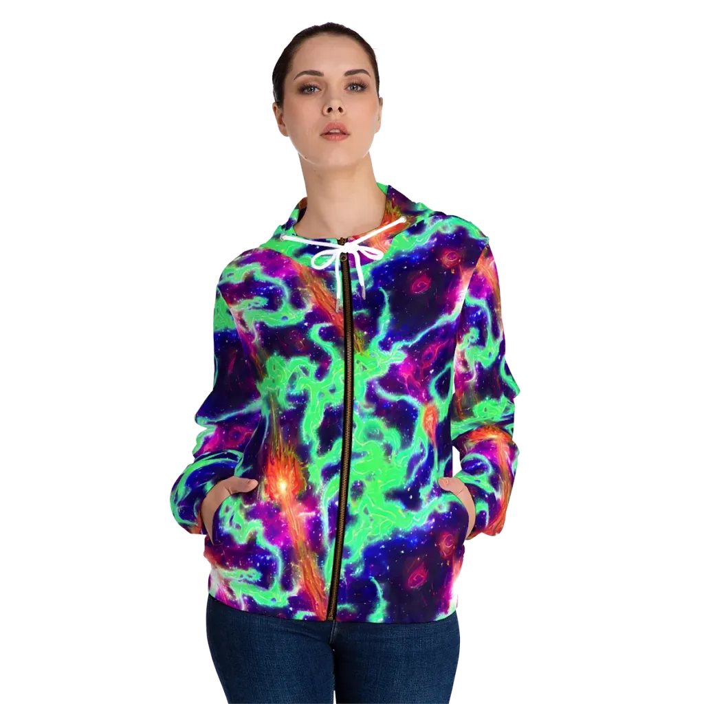 Neon Dragonfield on Women's Full-Zip Hoodie — Front On Person