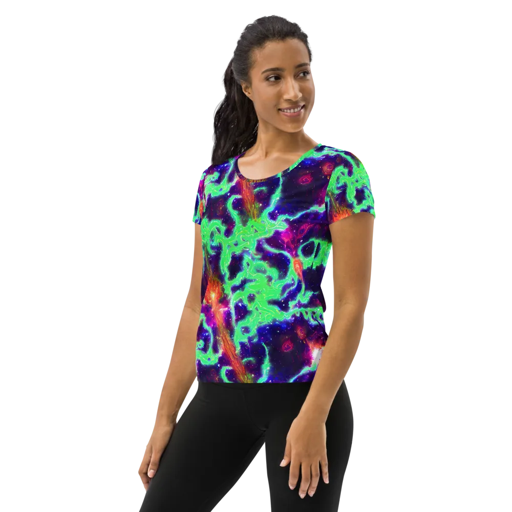 Neon Dragonfield on Women's Athletic T-Shirt — Left