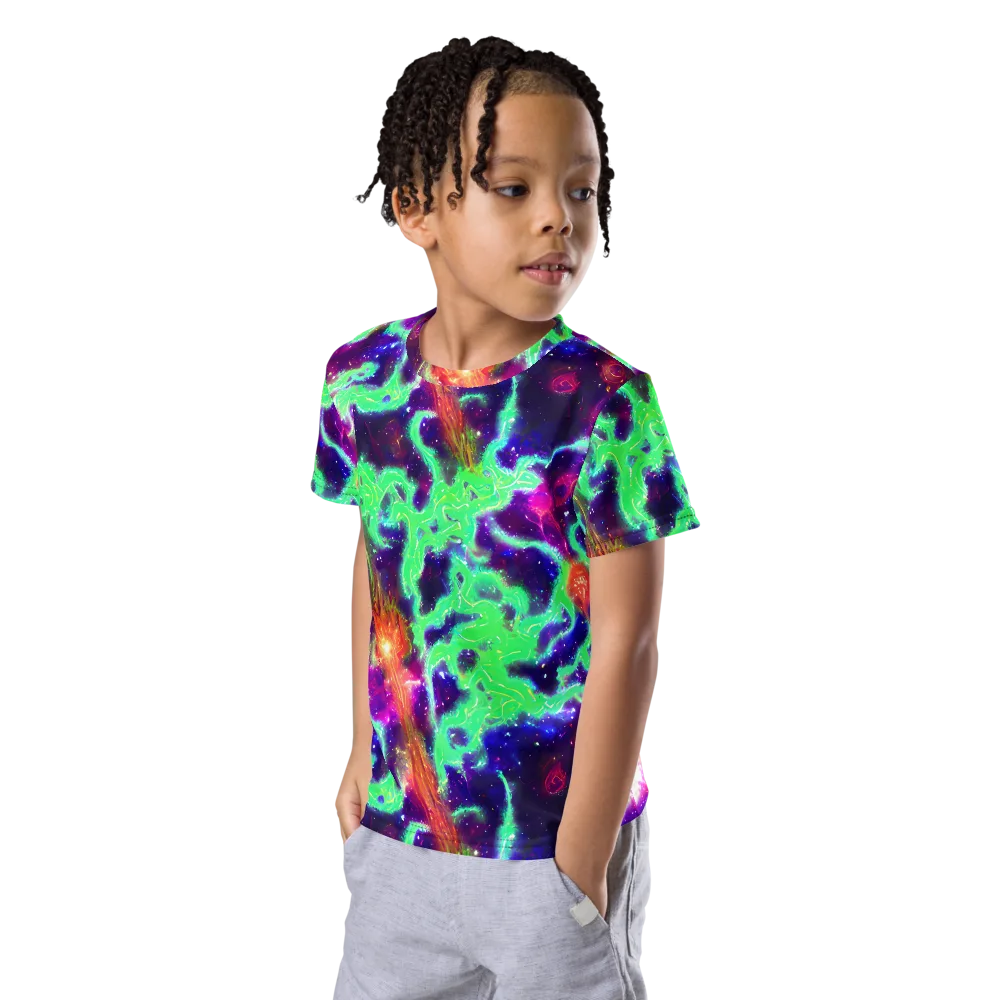 Neon Dragonfield on Kids Crew Neck T-Shirt — Left Front