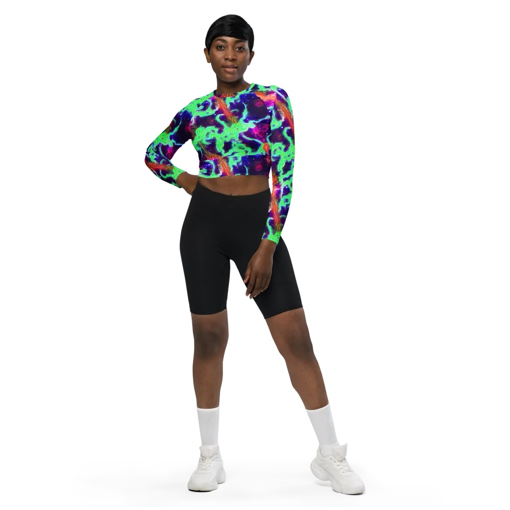 Neon Dragonfield on Long Sleeve Crop Top — Front