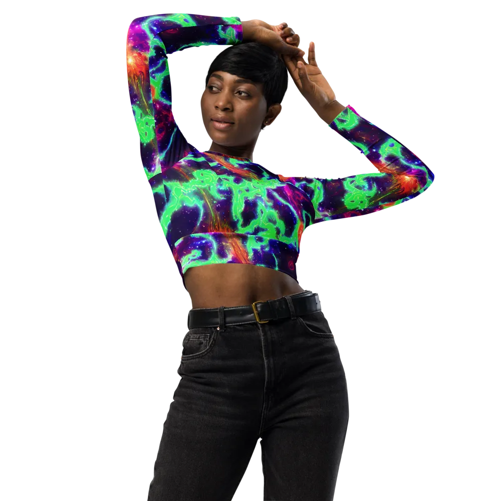 Neon Dragonfield on Long Sleeve Crop Top — Front