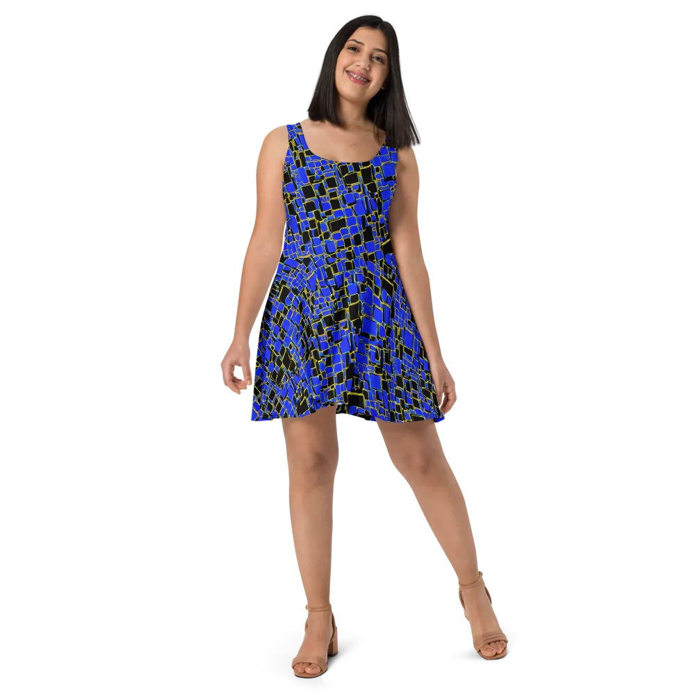 Blue Gold Matrix on Skater Dress — Front