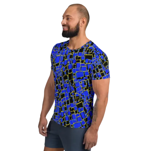 Blue Gold Matrix on a Men's Athletic T-Shirt